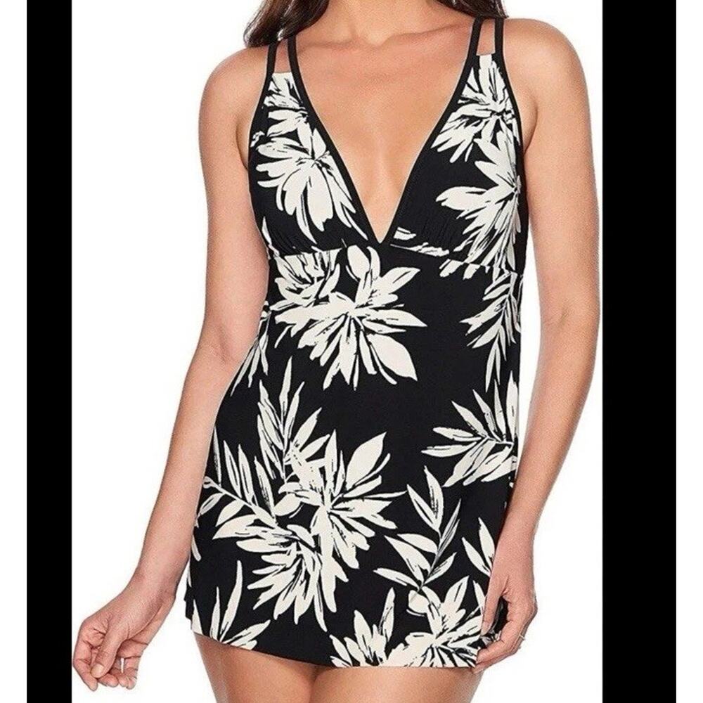 New Trimshaper Tracey Black And White Floral One Piece Swimdress, US 14